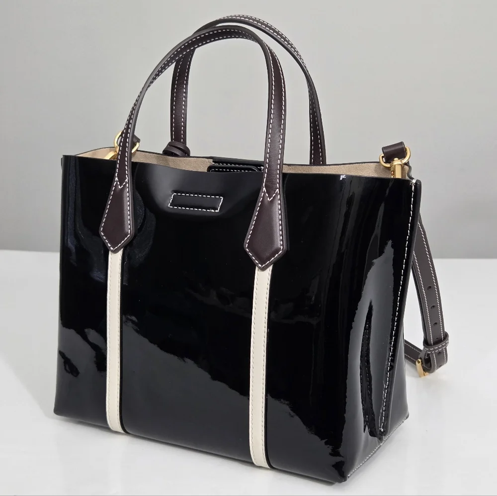 EXCELLENT TORY BURCH PERRY PATENT SMALL TRIPLE COMPARTMENT TOTE BAG - BLACK